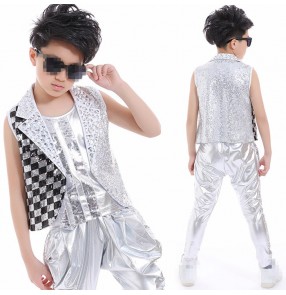 Silver black sequins rhinestones glitter performance competition boys kids children hip hop singers show dance outfits