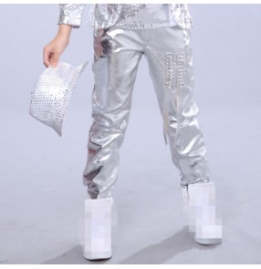 Silver glitter boys kids children modern jazz hip hop drummer ds singer performance competition dancing pants trousers