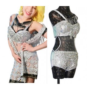 Silver glitter laser sequins beaded leather hollow sexy fashion two pieces women's ladies stage performance dj bar club singer hip hop dancing outfits costumes clothes