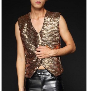 Silver gold black green patchwork sequins paillette men's  male modern dance fashion hot dance singer jazz hop hop night club performance vests tops