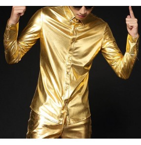 Silver gold patent leather glitter men's male jazz modern dance youth growth singer performance hip hop night club bar dance shirts tops 