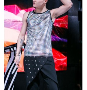 Silver gold sequins lasers glitter men's male fashion competition performance singer jazz hip hop dancing tops vests