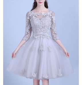 Silver lace appliques half sleeves  A line double shoulder women's ladies wedding  bridal evening party dresses costumes