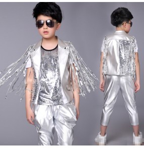 Silver leather fashion glitter sequins fringes boys kids children school competition drummer jazz hip hop dance vests waistcoats