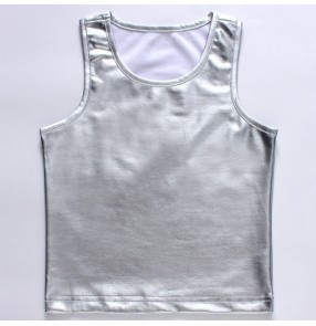 Silver leather glitter boys kids child school drummer performance hot dance hip hop vests tops 