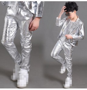 Silver leather glitter rivet fashion boys kids children competition performance jazz hip hop singers drummer dance pants 