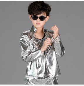 Silver leather rivet fashion boys kids children school stage performance hiphop jazz cos play party dancing outfits tops jackets