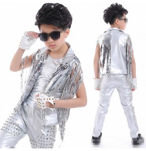 Silver leather sequins fringes waistcoat rivet pants boys kids school competition performance drummer dancers outfits