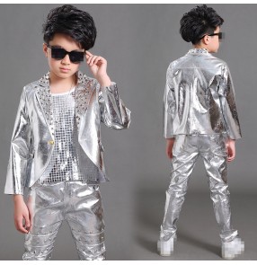 Silver leather sequins lapel rivet fashion boys kids child school drummer jazz singers hip hop orchestra performance jackets