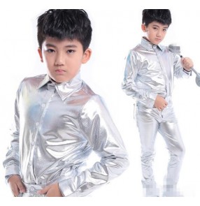 Silver patent leather turn down collar long sleeves boys kids children stage performance drummer contest jazz hip hop  singer dance shirts tops 