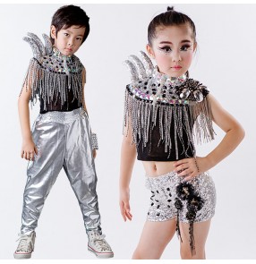 Silver pu leather harem pant s fringes rhinestones shrug shoulder tops girls boys kids children stage performance competition jazz hip hop dancing outfits