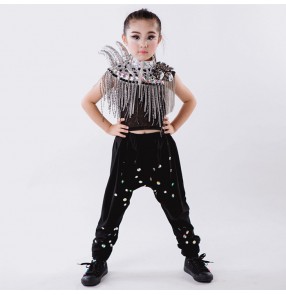 Silver rhinestones black harem pants girls boys kids children stage performance jazz hip hop singer cos drummer play party dancing outfits