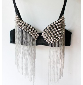 Silver rivet  fringes fashion sexy competition performance women's female cos play night bar club dancing bra tops