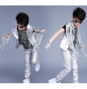 Silver rivet long length boys kids children school play competition patent leather contest hip hop jazz singer ds drummer pole dancing pants trousers