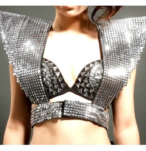 Silver Rivet shrug shoulder women's sexy fashion jazz singer dj ds competition party cosplay masquerade dancing costumes armor waistcoat
