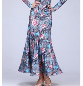 Silver rose floral printed fashion women's competition ballroom tango waltz dance long skirts