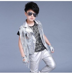 Silver sequins glitter patent leather lapel fashion boys kids children jazz singer drummer competition hip hop dancing vests waistcoats