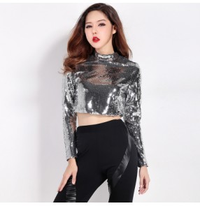 Silver sequins long sleeves short length fashion sexy women's girls hip hop street jazz singer dancing night club tops shirts