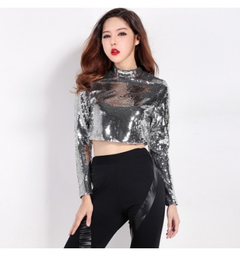 Silver sequins long sleeves short length fashion sexy women's girls hip hop  street jazz singer dancing night club tops shirts