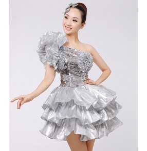 Silver sequins paillette glitter stage performance girls women's competition modern dance singer dancers jazz dancing dresses