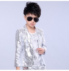 Silver sequins paillette long sleeves lapel collar boys kids children modern dance competition drummer jazz hip hop dance blazers coats