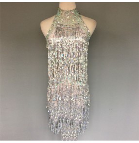 Silver sequins paillette rhinestones backless competition performance handmade girls women's  latin dance dresses outfits