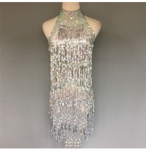 Silver sequins paillette rhinestones backless competition performance handmade girls women's  latin dance dresses outfits