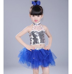 Silver sequins royal blue black ruffles skirts girls kids children baby modern dance competition jazz singer performance dresses outfits  costumes