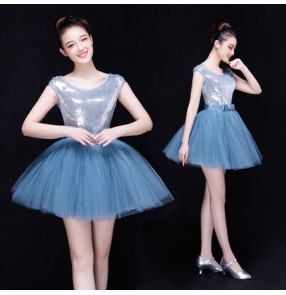 Silver sequins sleeveless paillette puff big tutu skirted women's girls modern dance singers stage performance bar club evening party performance outfits dresses