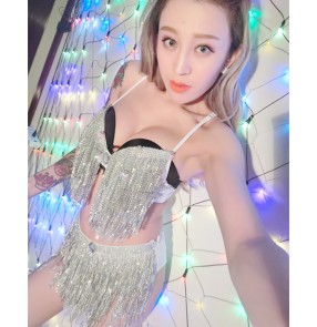 Silver sequins tassels fashion sexy women's ladies hot dance dancers singers cosplay jazz performance dancing outfits underwears