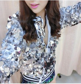 Silver sequins women's ladies girls stage performance jazz singer party cos play  hiphop night stage performance jacket coats
