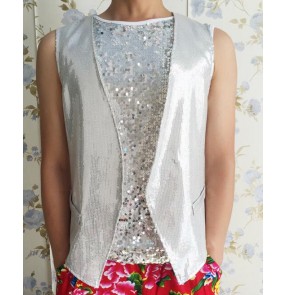 Silver white light pink sequins paillette fashion men's male competition stage performance jazz singer dancing vest tops waistcoats