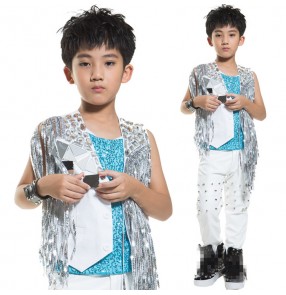 Silver white patchwork boys kids children fashion lens paillette fringes competition stage jazz singers drummer hip hop dance waistcoats vests