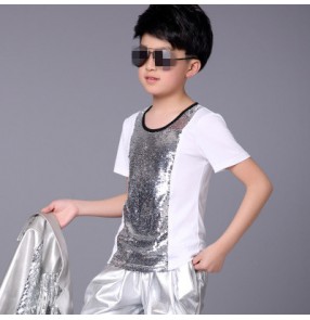 Silver white patchwork glitter fashion short sleeves boys kids child school competition jazz hip hop dance t shirts tops