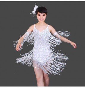 Silver white sequins glitters paillette girls kids children school competition stage performance latin salsa cha cha dance dresses outfits