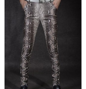 Snake printed pattern slim fashion men's male night club bar dj ds bar jazz motor cycle singer dancers leather dance pencil pants trousers