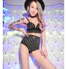 Striped black rhinestones competition contest women's stage performance singer jazz dancers cosplay dancing outfits costumes