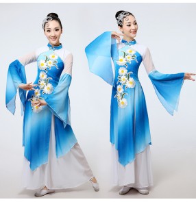 Turquoise blue gradient colored daisy women's girls competition chinese yangko folk fan fairy traditional dancing costumes outfits