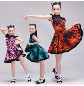 Turquoise blue light pink orange leopard printed lace patchwork girls kids children competition latin salsa cha cha dance dresses