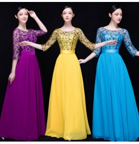 Turquoise blue purple violet yellow gold sequins middle long sleeves fashion long  length women's singers stage performance party cos play evening dresses outfits