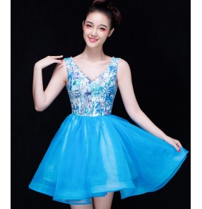 Turquoise floral patchwork women's ladies female v neck sleeveless modern dance stage performance singer dancing outfits costumes dresses