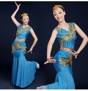 Turquoise green yellow royal blue gold sequins women's peacock folk dance cosplay fairy mermaid dancing dresses costumes