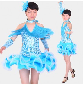 Turquoise light pink leopard printed fringes fashion girls teen kids children school competition performance latin salsa cha cha dance dresses