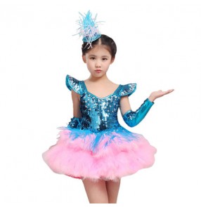 Turquoise light pink patchwork sequins paillette glitter school girls baby children competition contest performance jazz singer host dancing dresses outfits