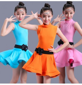 Turquoise neon orange pink sleeveless competition performance girls kids children gymnastics latin dance dresses costumes outfits