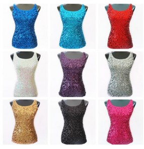 Turquoise royal blue fuchsia pink gold silver sequins paillette girls women's night club hot dance jazz singers cheer leading dancing vests tops