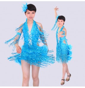 Turquoise royal blue fuchsia silver black sequins fringes glitter fashion girls kids children school competition latin salsa dance dresses