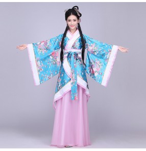 Turquoise royal blue light floral women's ladies Chinese traditional party performance cos play dancing ancient dynasty fairy dresses outfits robes