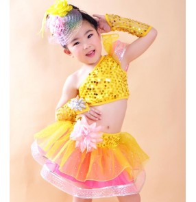 Turquoise yellow gold rainbow colored girls kids children sequins modern dance jazz party dancing dresses outfits