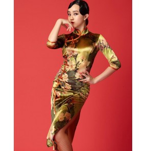 Velvet green yellow floral black floral printed side split fashion women's ladies competition salsa cha cha cheongsam latin dance dresses costumes